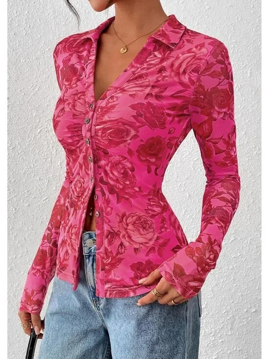 👑 Women's Pink Red Floral Long Sleeve V Neck Mesh Boho Button Front Shirt Top - Picture 6 of 6